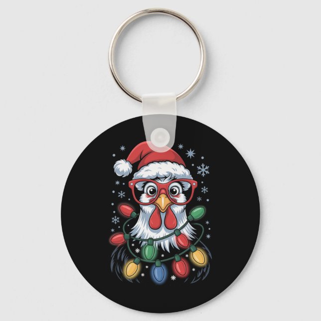 Funny Chicken Christmas Tree Lights Santa Hat Xmas Keychain (Front)