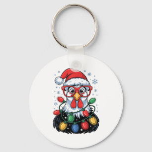 Funny Chicken Christmas Tree Lights Santa Hat Xmas Keychain