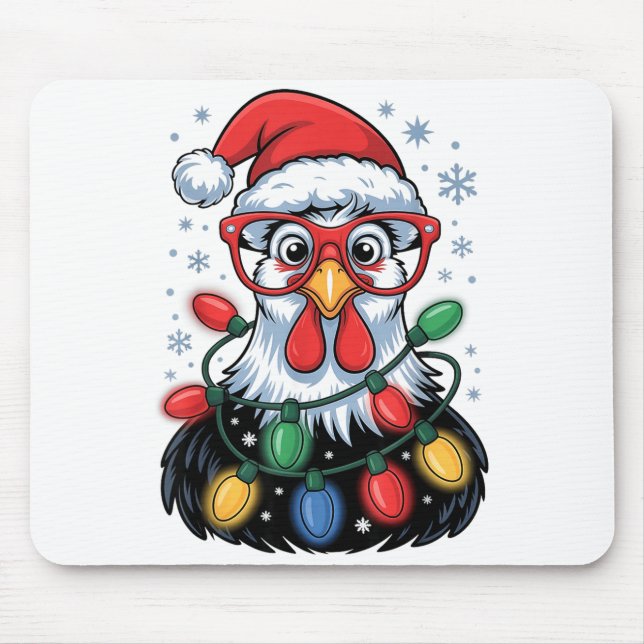 Funny Chicken Christmas Tree Lights Santa Hat Xmas Mouse Pad (Front)