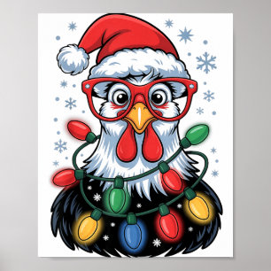 Funny Chicken Christmas Tree Lights Santa Hat Xmas Poster