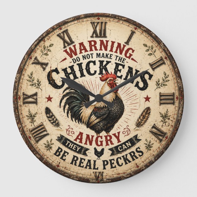 Funny Chicken Farmhouse Rooster Large Clock (Front)