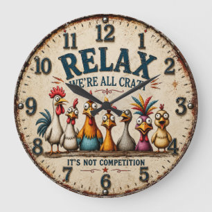 Funny Chicken Relax We're All Crazy Farmhouse Large Clock