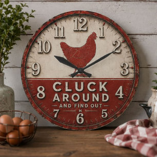 Funny Chicken Rustic Farmhouse  Large Clock