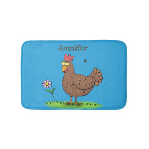 Funny chicken rustic whimsical cartoon bath mat
