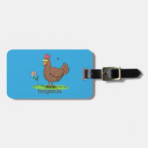 Funny chicken rustic whimsical cartoon luggage tag