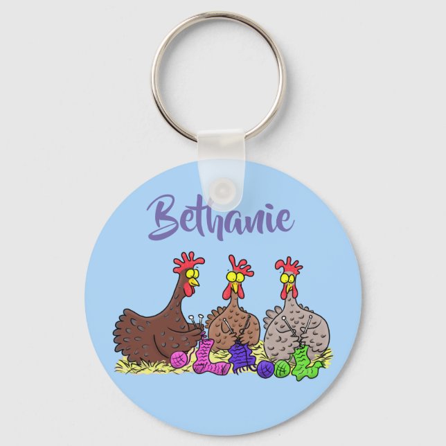 Funny chicken trio knitting cartoon keychain (Front)