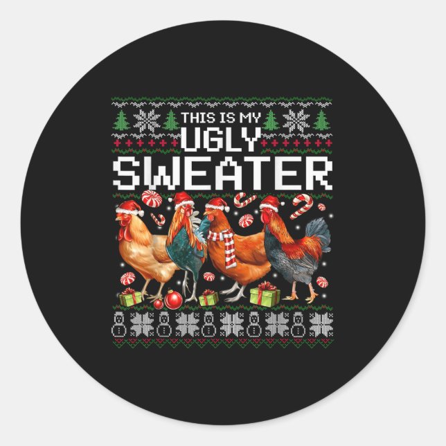 Funny Chicken Ugly Christmas Sweater Holiday Desig Classic Round Sticker (Front)