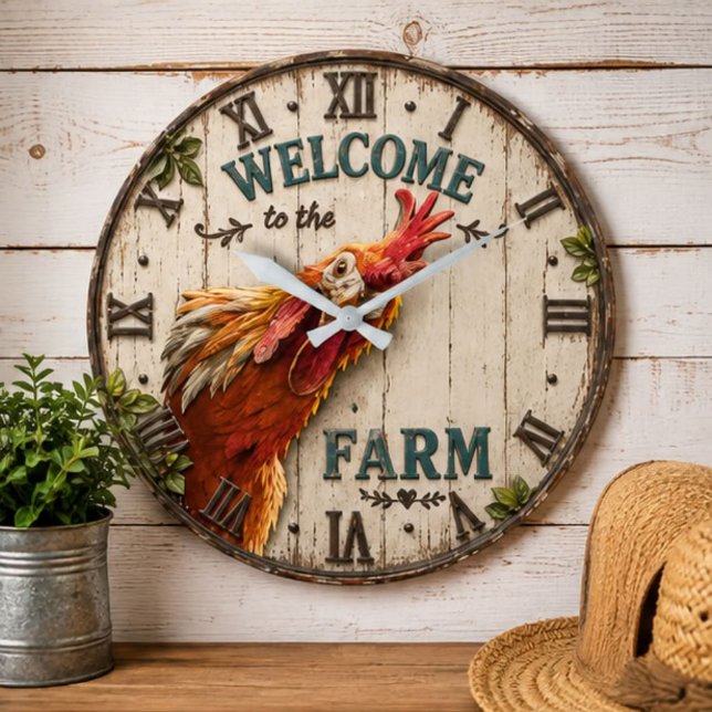 Funny Chicken Welcome to the Farm Rustic Large Clock (Creator Uploaded)
