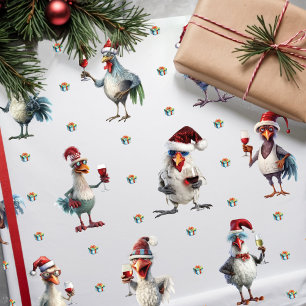 Funny Chicken Wine Party Christmas Holiday White Wrapping Paper