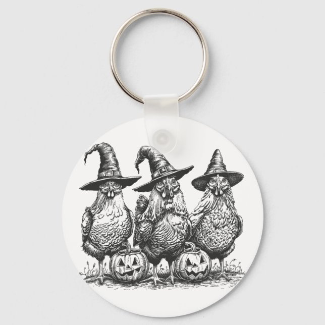 Funny Chicken Witches Funny Halloween Vintage Chic Keychain (Front)