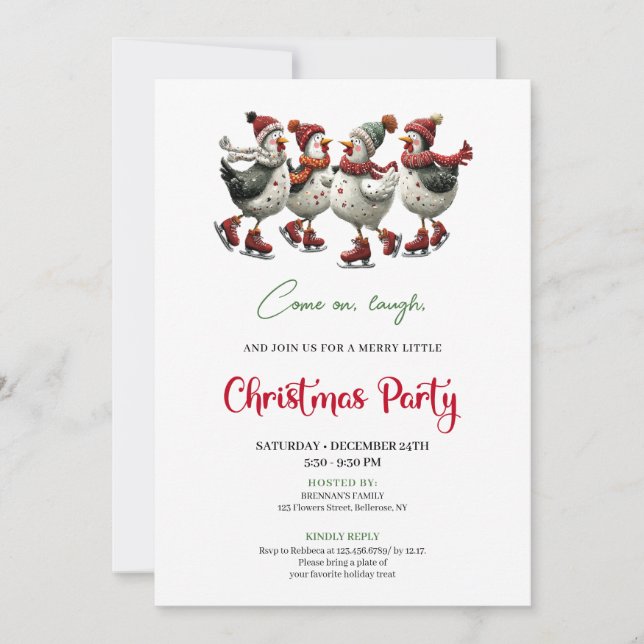 Funny Chickens Festive Red Green Holiday Invites (Front)
