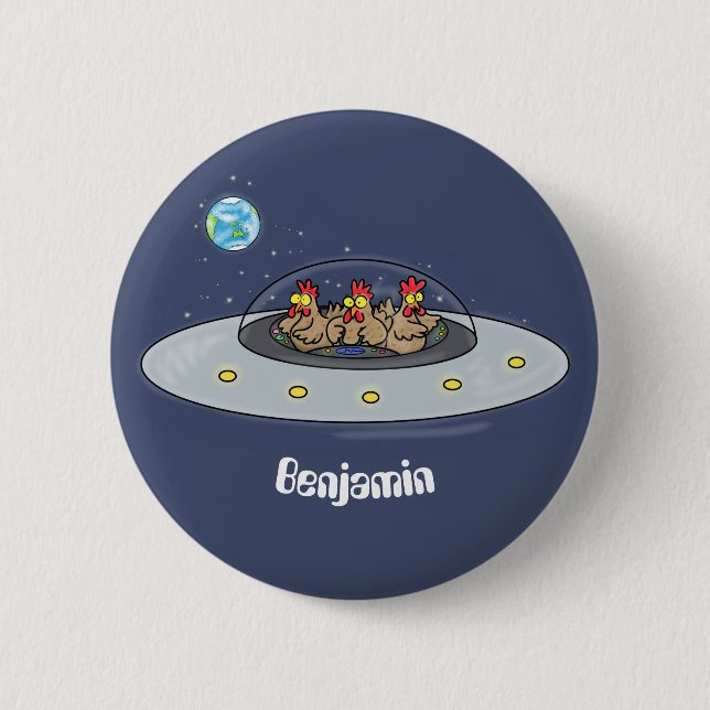 Funny chickens in space cartoon illustration 2 inch round button (Front)