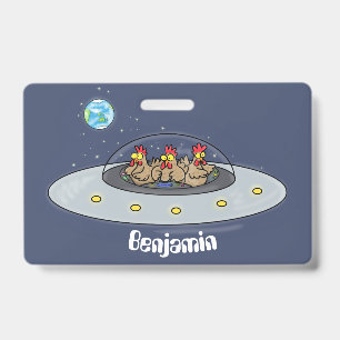 Funny chickens in space cartoon illustration badge