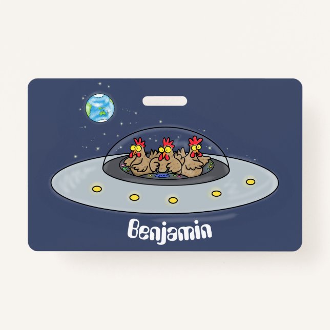 Funny chickens in space cartoon illustration badge (Front)