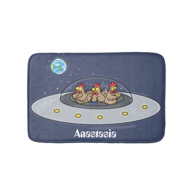 Funny chickens in space cartoon illustration bath mat (Front)