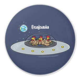 Funny chickens in space cartoon illustration ceramic knob