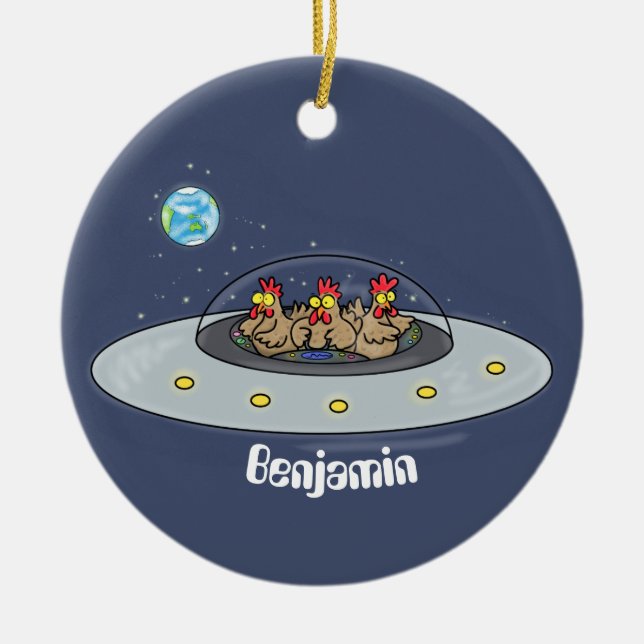 Funny chickens in space cartoon illustration ceramic ornament (Front)