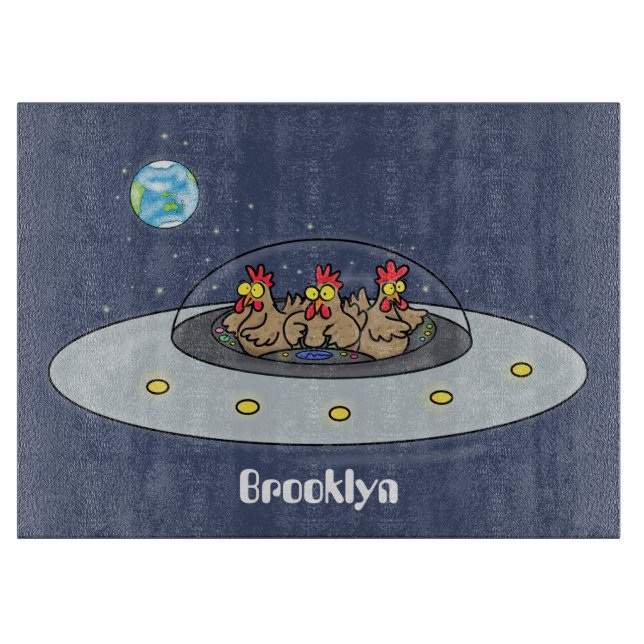 Funny chickens in space cartoon illustration cutting board (Front)