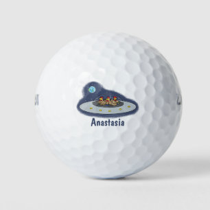 Funny chickens in space cartoon illustration golf balls