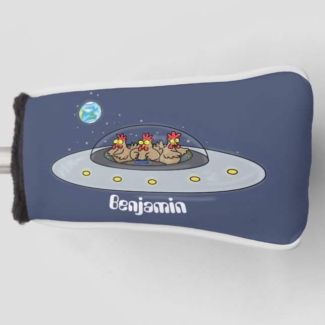 Funny chickens in space cartoon illustration golf head cover (Front)