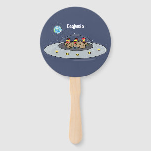 Funny chickens in space cartoon illustration  hand fan