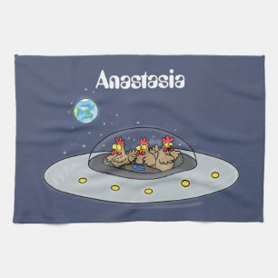 Funny chickens in space cartoon illustration kitchen towel