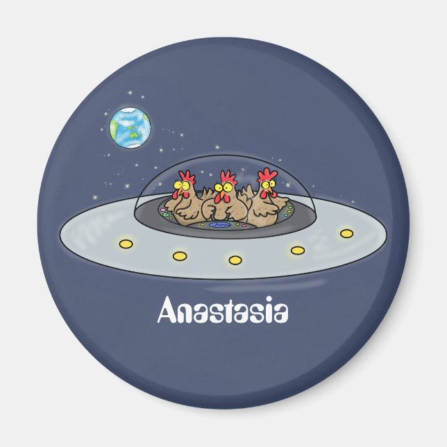 Funny chickens in space cartoon illustration magnet (Front)