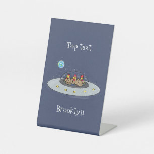 Funny chickens in space cartoon illustration pedestal sign