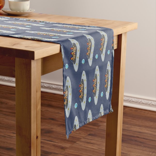 Funny chickens in space cartoon illustration short table runner (In Situ)