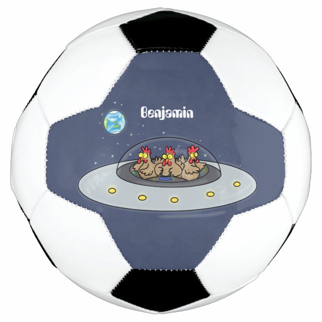 Funny chickens in space cartoon illustration soccer ball (Front)