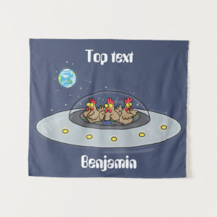 Funny chickens in space cartoon illustration tapestry