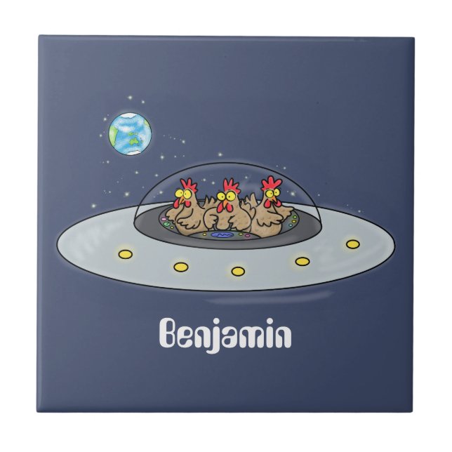 Funny chickens in space cartoon illustration tile (Front)