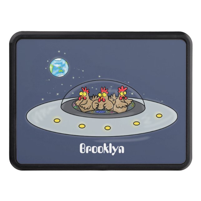 Funny chickens in space cartoon illustration trailer hitch cover (Front)