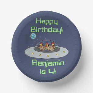 Funny chickens in spaceship cartoon paper plate