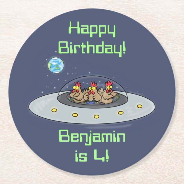 Funny chickens in spaceship cartoon round paper coaster (Front)