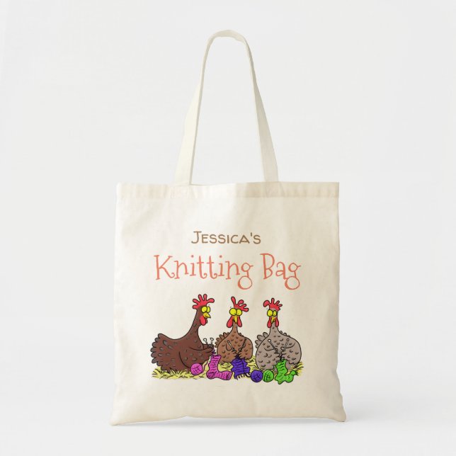 Funny chickens knitting cartoon illustration tote bag (Front)
