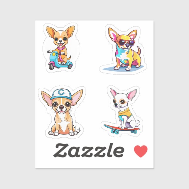 Funny Chihuahua Cartoon Art 4 Pack Stickers (Sheet)