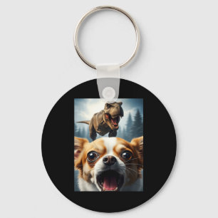 Funny Chihuahua Dog Selfie With T-rex Women Men Ki Keychain