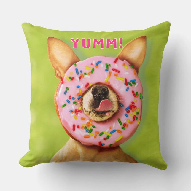 Funny Chihuahua Dog with Sprinkle Doughnut on Nose Throw Pillow (Front)