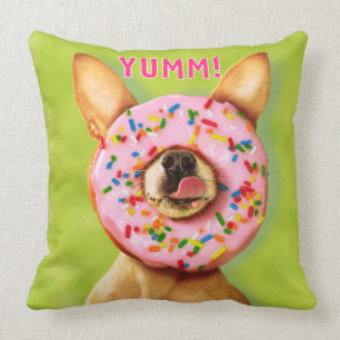 Funny Chihuahua Dog with Sprinkle Doughnut on Nose Throw Pillow