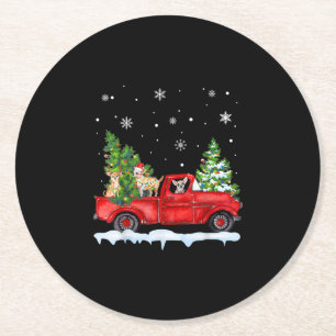 Funny Chihuahua With Red Truck Christmas Holiday Round Paper Coaster