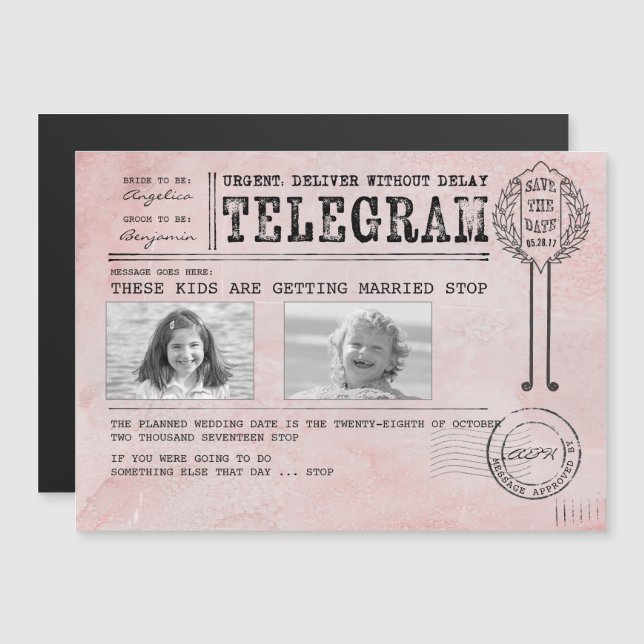 Funny Childhood Photos Save the Date Telegram Magnetic Invitation (Front/Back)