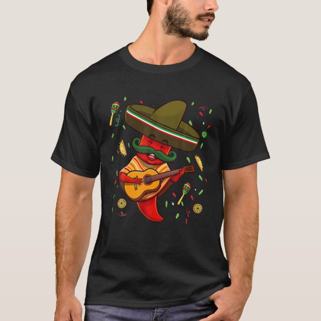 Funny Chili Mariachi Hot Pepper Sombrero Cinco De T-Shirt (Front)