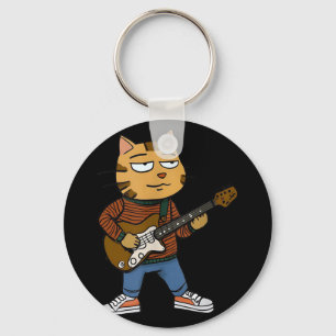 Funny Chill Cat Playing A Guitar Guys Dad Rock &am Keychain