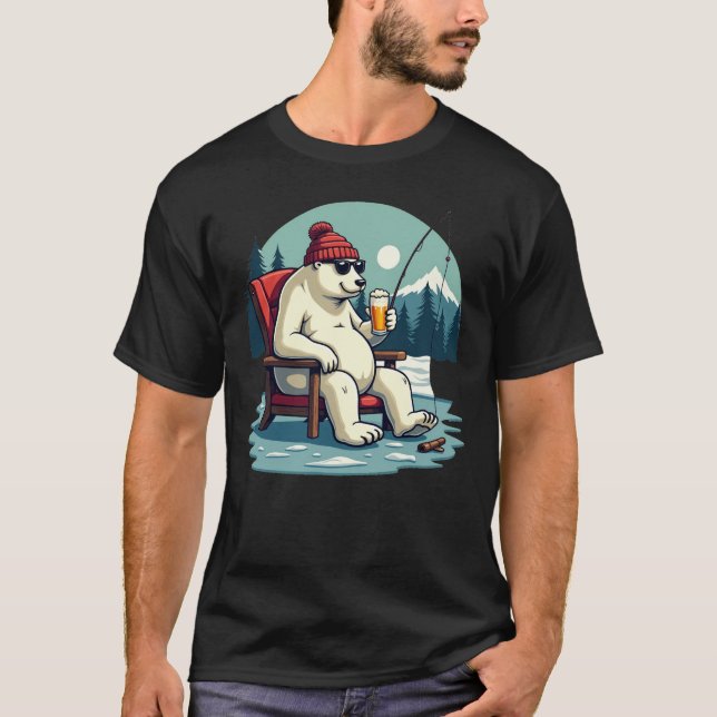 Funny Chill Polar Bear Beer Fishing Tee (Front)