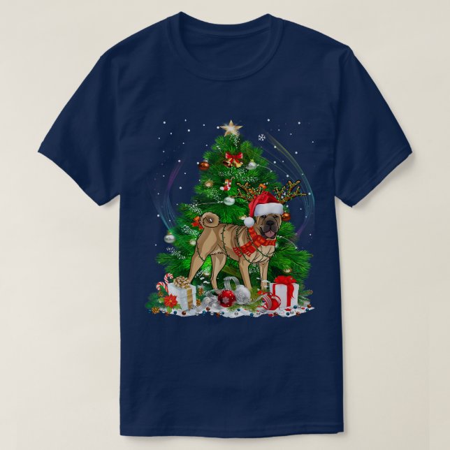 Funny Chinese Sharpei Christmas Tree Light Pajama  T-Shirt (Design Front)