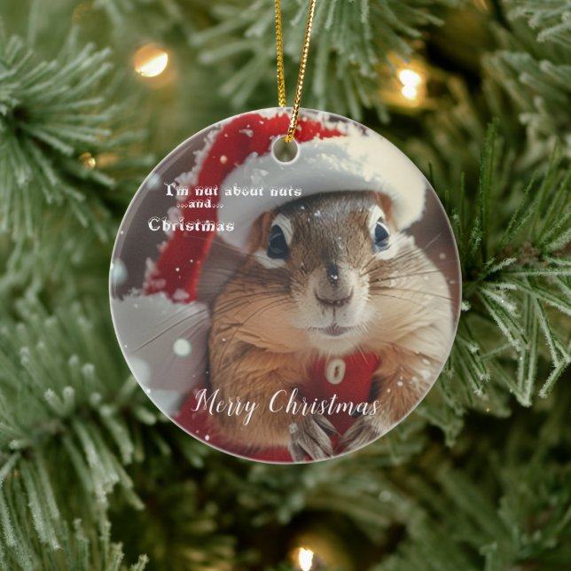 Funny Chipmunk Nut Merry Christmas Photo Ceramic Ornament (Tree)