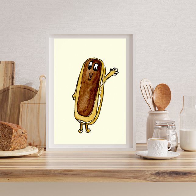Funny Chocolate Eclair Quirky Cake Cartoon Art Poster (Cute chocolate eclair cartoon art watercolor illustration quirky poster for cake and baking lovers)