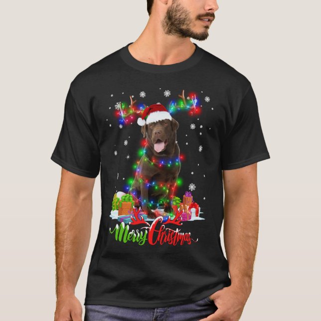Funny Chocolate Lab Dog Merry Christmas Party Fami T-Shirt (Front)