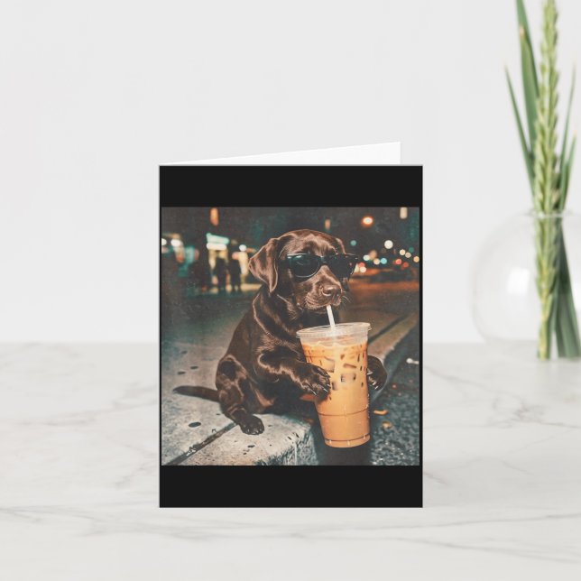 Funny Chocolate Lab Drinking Iced Coffee Lovers Card (Front)